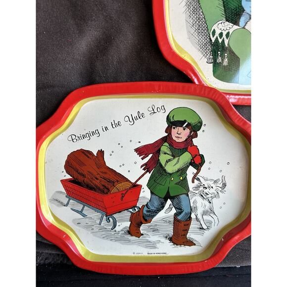 VTG J.S.N.Y. Christmas Metal Tin Cookie Snack Trays Holiday Set of 3 Granny Old - Picture 2 of 4